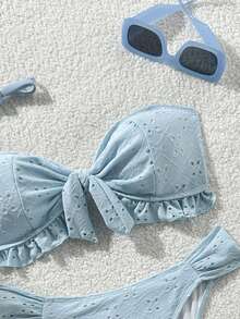 Swim Vcay Spring/Summer Solid Color Shoulder Strap Jacquard Fabric Non-Wired Bow Decor Cute Beach Vacation Swimsuit Set - Baby Blue - View 5