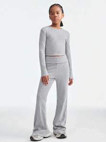 SHEIN Tween Girls Spring/Summer Basic Knit Stretchy Grey Fitted Long Sleeve T-Shirt&Flare Pants,Casual Loungewear,Mom And Daughter Outfits - Grey - View 5