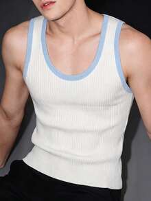 Manfinity Dauomo Men's Slim Fit White And Blue Contrast Color Crew Neck Ribbed Knit Vest Beach Holiday Autumn Casual - Multicolor - View 2