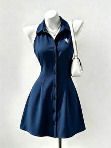 Sweetra Sexy Collar Sleeveless Bodycon Dress, Summer Women's Slim Fit Casual Sundress Suitable For Dating, Vacation - Navy Blue - View 6