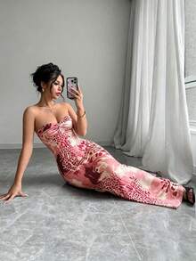 SHEIN Raffinéa 無袖平口扭轉露背鏤空綁帶貼身豹紋美人魚洋裝 - 彩色 - 查看 3