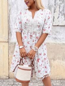 Breezaya Plus Size Pastoral Boho Floral V-Neck Short Sleeve Water-Soluble Flora Lace Patchwork Tassel Dress Vacation Summer Beach Festival Party White - Multicolor - View 5