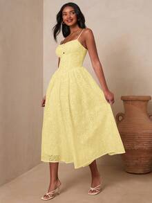 Enchnt Women's Vacation Hollow Embroidery Button Design Elegant Cami Dress Vacation Pale Yellow Summer - Yellow - View 9
