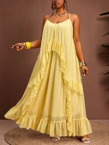 Truni Plus Size Loose Ruffled Strap Dress For Summer Vacation, For Pear And Triangle Wedding Guest Butter Yellow Elegant - Orange - View 6