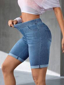 SHEIN Essnce 女款彈性修身中高腰牛仔百慕達短褲 健身藍 夏季休閒運動風 - 淺色水洗藍 - 查看 7