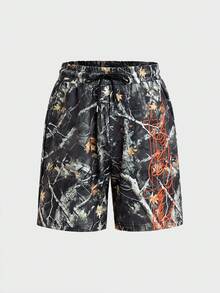 SWAVVY Men's All-Over Print Drawstring Waist Casual Versatile Daily Outing Shorts - Green - View 2