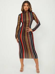 SHEIN SXY Geo & Striped Print Bodycon Dress - Multicolor - View 4