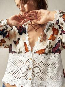 Bohemela 女款深V領蝴蝶印花休閒百搭日常出遊上衣 - 杏色 - 查看 9