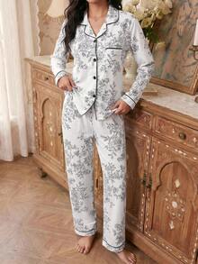 Modelyn 女士泡泡褶皱花卉印花长袖睡衣套装真丝两件套，冬季服装 - 白色 - 查看 3