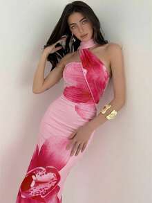 Aloruh Gaun Panjang Tanpa Lengan Satu Bahu Motif Bunga untuk Wanita, Cocok untuk Liburan - Baby Pink - View 7