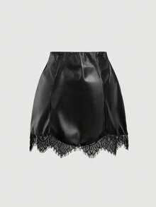 SHEIN MOD Jupe mode femme couleur unie avec ourlet en dentelle contrastée - Noir - Voir 5