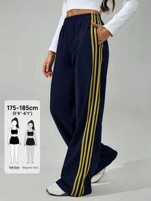 SHEIN Tall 女款彈性腰側條紋寬腿寬鬆休閒運動褲，返校季，高個女性適用 - 藏蓝色 - 查看 9