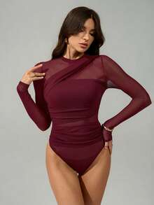 SHEIN Tall 女款棕色透視網紗長袖抓皺小高領緊身衣，適合雞尾酒會、浪漫約會、冬季內搭，適合高個女性 - 酒紅色 - 查看 3