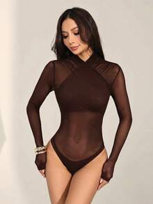 SHEIN PETITE 女款性感素色網格包身連身衣，透視長袖上衣，長袖網格上衣，黑色透視上衣，黑色網格上衣，秋季，黑色連身衣 - 咖啡棕 - 查看 4