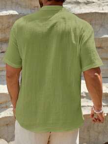 HIMLAND Loose Men Solid Half Button Shirt - Green - View 6