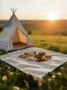 1 pieza Encantadora manta de picnic rectangular con diseño de margarita - Mantel de rayón tejido con ribete de encaje, adecuado para camping de invierno, salida a la playa, fondo de fotografía, accesorio de picnic - Margarita - Ver 5