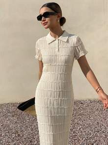 DAZY Summer Women's Elegant Style Lapel Contrast Color Striped Sweater Dress - White - View 5