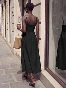 Maija Women's Solid Color Pleated Basic Maxi Strap Dress - Black - View 2