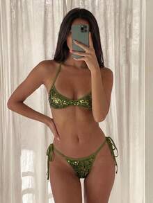 Costavie 2pcs Spring/Summer Beach Vacation Sequin Textured Fabric Halter Bandeau Top & Side Tie String Thong Bikini Set - Olive Green - View 4