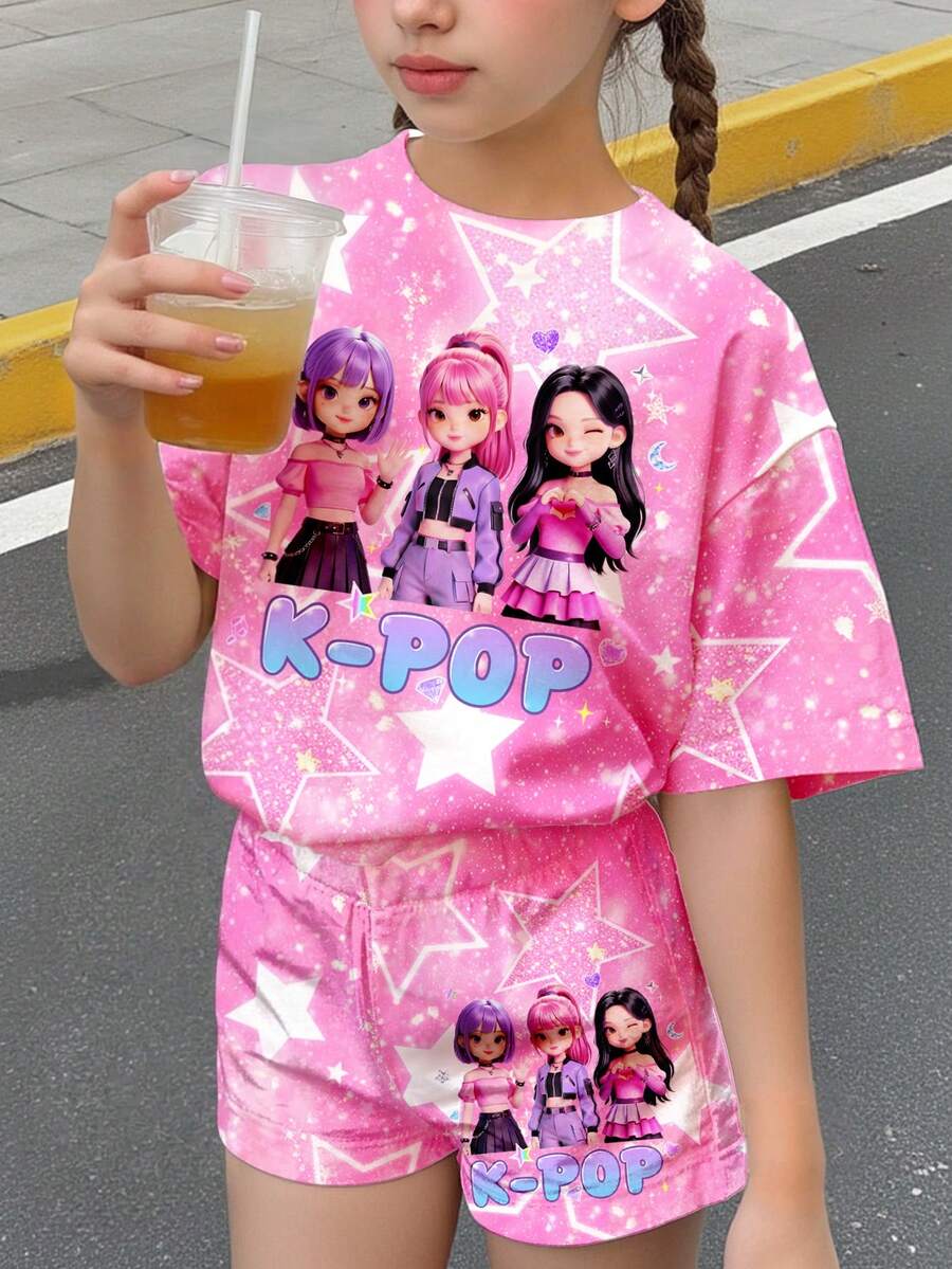 青少年女孩粉色紮染星空印花、K-POP卡通女孩圖案,青少年女孩休閒極簡舒適圓領短袖T恤與休閒短褲2件套,適合日常、外出、校園、運動 - 彩色 - 查看 1