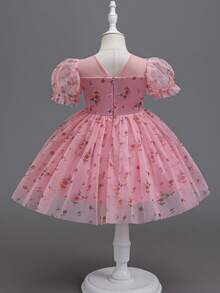 Glamorique Kids 小女孩碎花薄纱连衣裙，粉色花童礼服，适合生日派对、婚礼等各种场合 - 粉色 - 查看 2