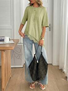 SHEIN LUNE Women's Casual Solid Color Ribbed Asymmetrical Hem Lace Patchwork Spring/Summer Daily Basic Outing T-Shirt Brunch Sage Green - Green - View 5