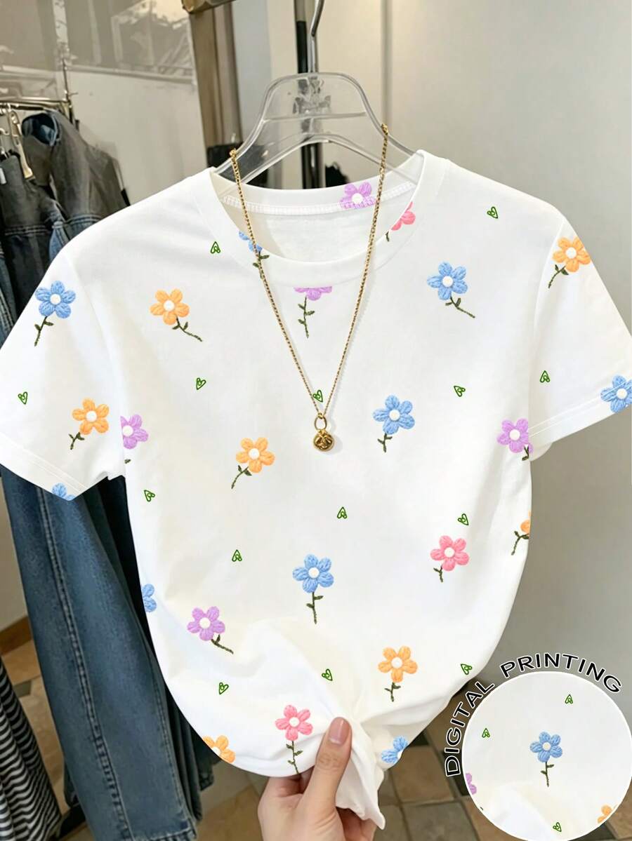 Souflis Souflis 女童休閒彩色花卉印花圓領短袖T恤,日常穿著,夏季新款,百搭戶外/旅行白色花卉上衣 - 彩色 - 查看 1
