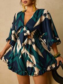 Travachic Plus Size Holiday Solid Color Batwing Sleeve, Ruffle Hem, Tie Waist Jumpsuit Fall - Multicolor - View 6