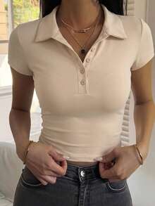 DAZY T-shirt streetwear d'été pour femme, col chemise, manches courtes, coupe slim, sexy et décontracté, pull-over - Camel - Voir 2