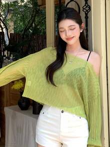 DAZY 女款透視不對稱領長袖針織上衣 適合海灘度假 萊姆綠 秋季 性感休閒 不對稱領上衣 - 綠色 - 查看 6