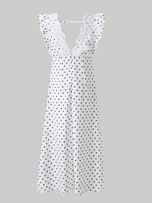Elyressa Summer Elegant Romantic White With Black Polka Dots Print Lace Patchwork Sleeveless Dress Vacation - Black and White - View 2