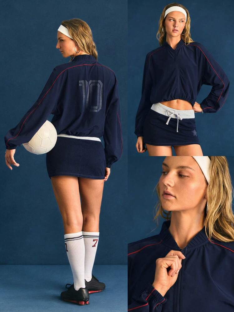 VitalSwift Varsity Muse Lightweight Quick-Dry Vintage Contrast Piping Cropped Full-Zip Jacket With Odor Control Daily Casual Wear