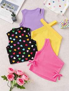 Set de 4 piezas de chaleco de punto de unicolor con patrón de corazón para niña - Multicolor - Ver 2