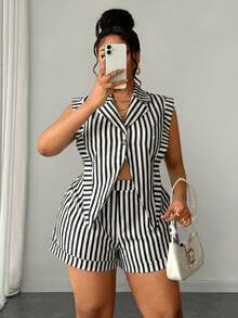 Maweii Plus Size Women's Striped Button-Up Asymmetrical Hem Shirt And Loose Long Pants 2 Pieces Set - Black and White - View 5