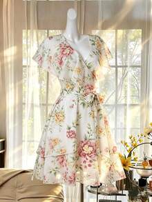 Celisse Semi-Transparent Ruffle Trim Collar Short Dress Digital Print - Multicolor - View 4