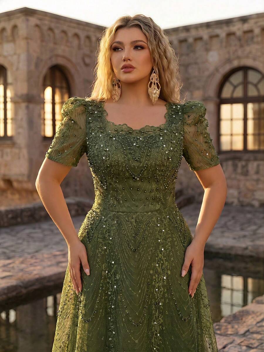 Glamrae Plus Size Elegant Romantic Champagne Square Neck Short Sleeve Sheer Rhinestone & Pearl Embellished A-Line Evening Gown For Wedding Party Celebration Formal Occasion Event (Intricate Design) - Army Green - View 1