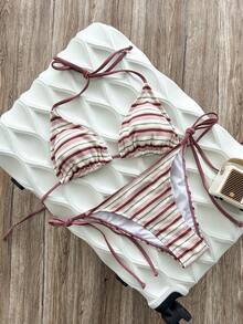 Swim Mod Setelan Baju Renang Dua Potong Wanita Musim Panas Motif Garis-Garis Blok Warna dengan Tali Halter Seksi dan Bawahan Segitiga - MultiWarna - View 3