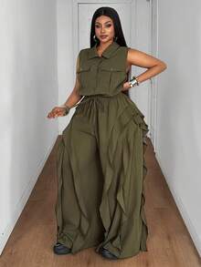 Maweii Plus Size Lapel Button Sleeveless Ruffle Loose Jumpsuit Suitable For Daily Wear - Army Green - View 1