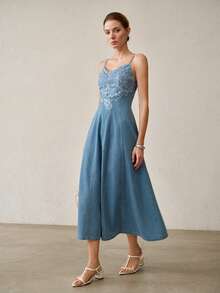 MOTF PREMIUM WOMEN'S CONTRAST LACE WAIST-CINCHED SPAGHETTI STRAP DENIM DRESS - Light Wash - View 6