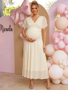 Loomaby Pregnant Women's Solid Color Crossed V-Neck Batwing Sleeve Elegant Dress,Gender Reveal Dress,Maternity Dress,Baby Shower Dress - Khaki - View 7