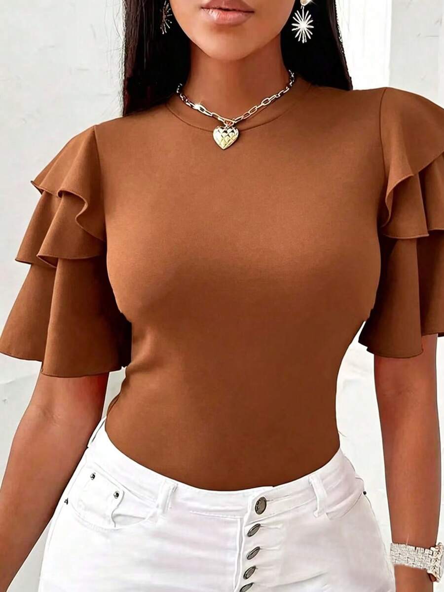 EMERY ROSE CURVE Plus Size Summer Casual Solid Color Ruffle Hem T-Shirt - Rust Brown - View 1