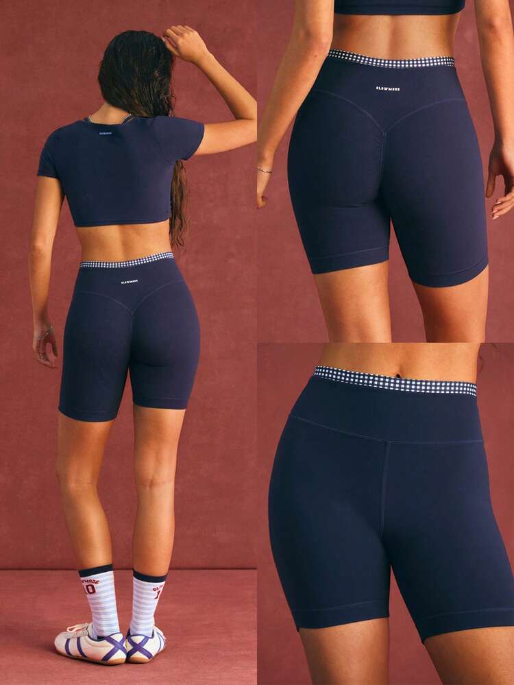 6" FeatherFit™ Gingham Glow Soft Sweat-Wicking Gingham Trim Biker Shorts With Anti-Slip Grips Low Impact Yoga Studio Pilates Daily Wear