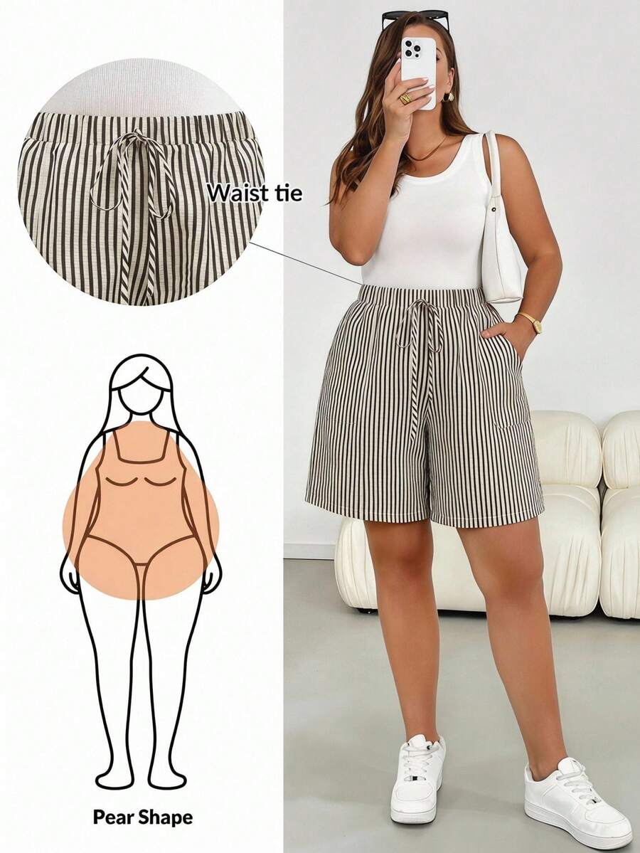 SHEIN Essnce Casual Vacation Striped Textured Fabric Plus Size Women's Comfortable Casual Shorts Suitable For Summer