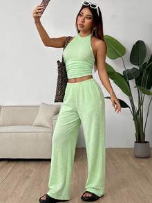 SHEIN EZwear 女士纹理短款褶皱吊带上衣和休闲裤套装 - 薄荷綠 - 查看 6
