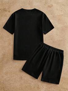 Ocevento Men's Solid Color Plant Print Crew Neck Short Sleeve T-Shirt And Drawstring Waist Pocket Shorts Set - Black - View 2