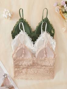 SHEIN 3pcs/Set Spaghetti Strap Wire-Free Lace Bralette - Multicolor - View 2