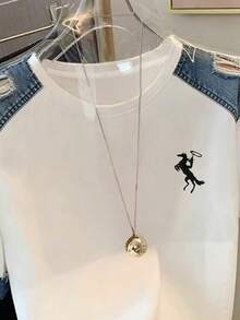 Resyla Authentic Embroidered, Fashionable Denim Effect Round Neck Women T-Shirt, Suitable For Daily And Formal Occasions - Navy Blue - View 3