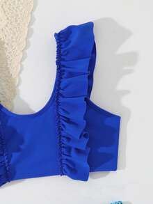 SHEIN Young Girls Pleated Leaf Print Two-Piece Swimsuit Set - Royal Blue - View 3