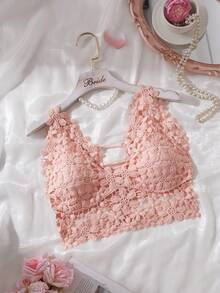 SHEIN 女款花卉蕾絲素色肩帶裝飾優雅胸罩 - 粉色 - 查看 3