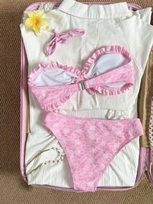 Swim Mod 2026新款女款夏季海灘度假可愛女孩平口式露背性感粉色花紋特殊面料荷葉邊下擺前綁帶高腰比基尼泳衣套裝 - 粉色 - 查看 2